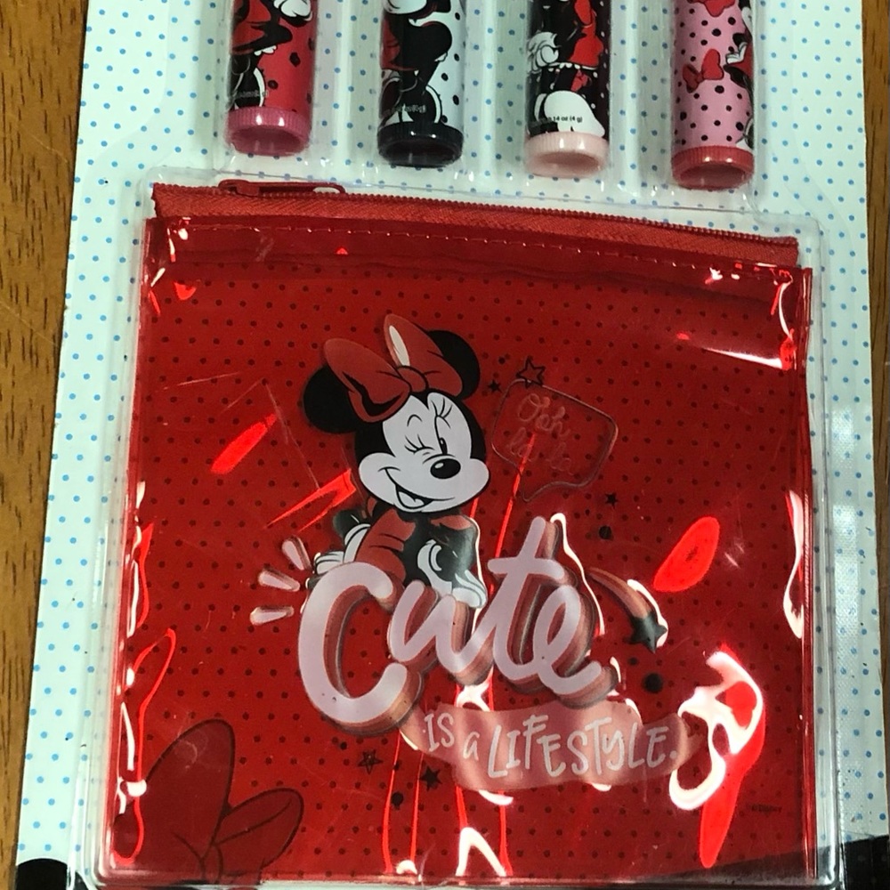 Minnie mouse lip balm-New￼ beauty, 4 Lip b￼alms & red “cute is a lifestyl￼e” bag